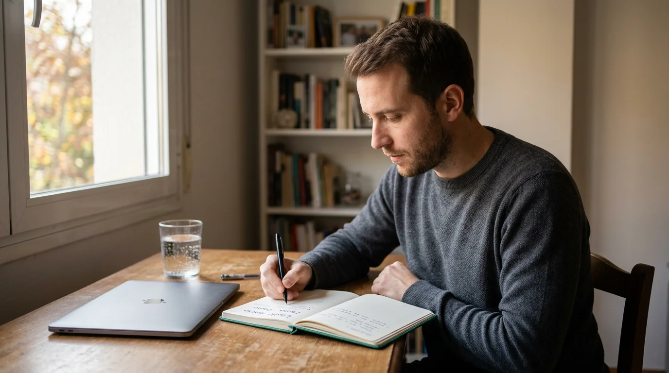 Persona en un escritorio reflexionando frente a una libreta con límites de apuesta