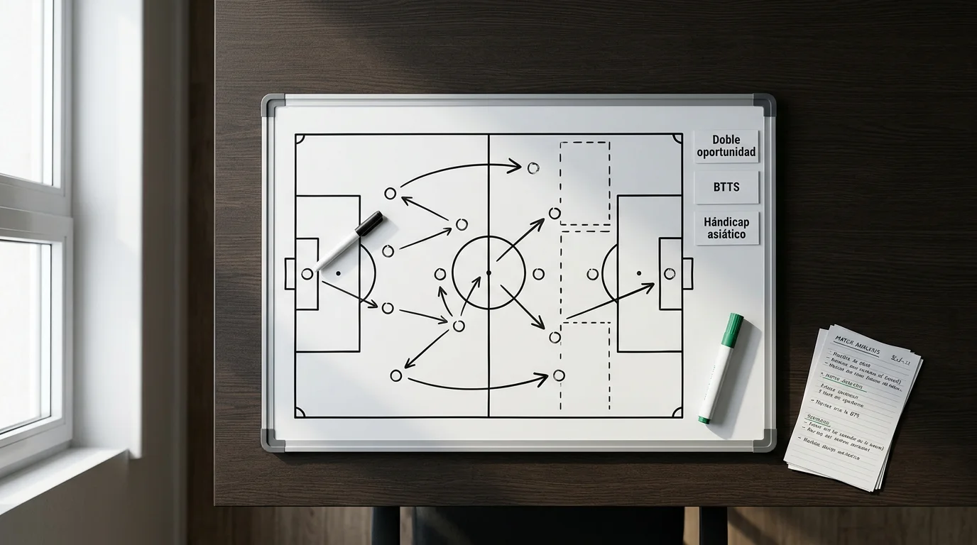 Pizarra táctica con esquema de doble oportunidad y BTTS en fútbol